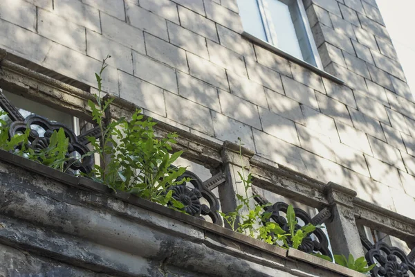 A beautiful concrete and metal balcony is overgrown with grass on a dilapidated building of the twentieth century on a bright sunny day in summer. A walk through the old city in the Russian province.