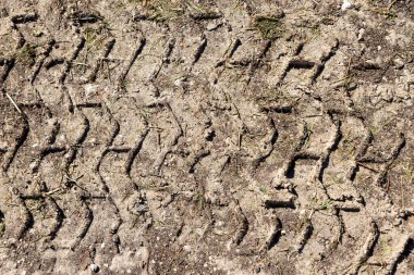 Kurumuş çamurdaki lastik ayak izi dokusu.