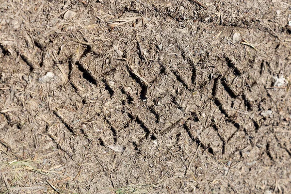 乾燥した泥の中にタイヤの足跡の質感が — ストック写真