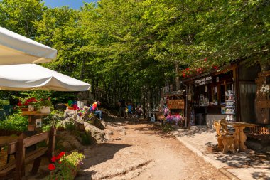 Monte Amiata, İtalya Ağustos 01: 2020 Monte Amiata zirvesinde hatıra tezgahlarıyla ormana giriş.