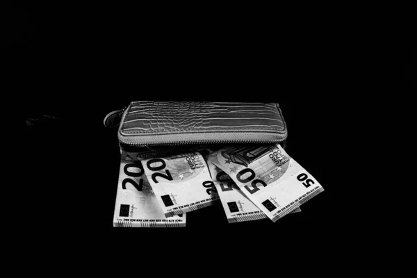 Damesportemonnee Bovenop Bankbiljetten Van Verschillende Valuta — Stockfoto