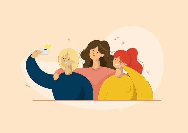 Selfie Tomar Fotos Amigas Amigos Niñas Teléfono Foto Teléfono Flash — Vector de stock