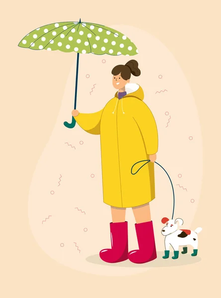 傘の女の子 ゴムブーツの女の子 ゴムブーツの犬 雨の中を歩く 雨の日 女の子 — ストックベクタ