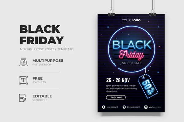 Black Friday Sale Poster Design Neon Effect Template — Stock Vector