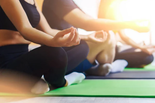 Spor salonunda yoga yapan bir grup insan. Sağlıklı yaşam tarzı kavramı. 
