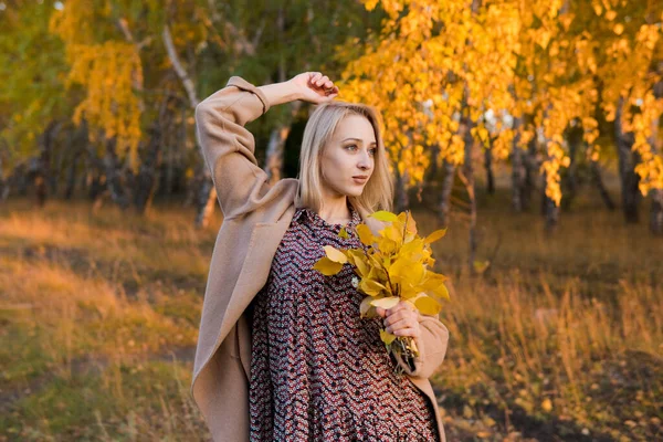 秋天的森林里 身穿黄叶长袍的年轻漂亮的女人出现了 — 图库照片