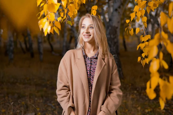 Junge Schöne Frau Langen Mantel Herbstlichen Wald Herbstkonzept — Stockfoto