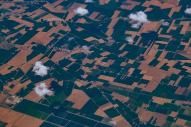 İtalya 'da Crespino ve Po nehri çevresindeki ekin tarlaları. Hava fotoğrafçılığı, İtalya 'daki ekili tarlaların hava görüntüsü..