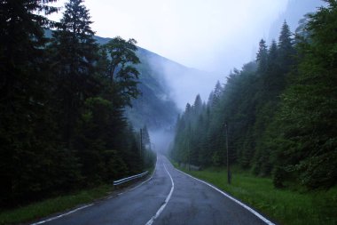 Yağmurlu bir yaz gününün sislerinde dağ yolu gizemli ve büyüleyici bir manzara yaratıyor. Transfagarasan veya DN7C, Romanya 'nın en yüksek ikinci asfalt yolu..