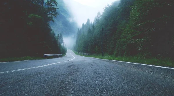 Estrada Montanha Nas Brumas Dia Chuvoso Verão Gerando Uma Paisagem — Fotografia de Stock