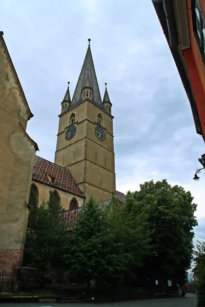 Campanile Della Cattedrale Luterana Santa Maria Sibiu Romania — Foto Stock