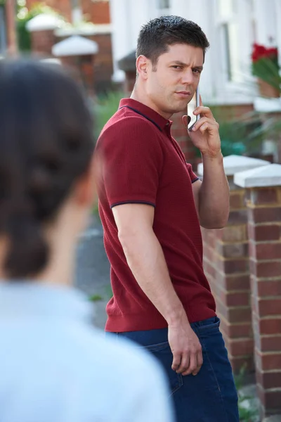 Man Calling Help Mobile Phone Whilst Being Stalked City Street — Stock Photo, Image