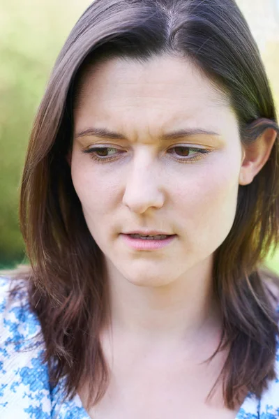 Outdoor Head Shoulder Portrait Worried Young Woman — Stock Photo, Image