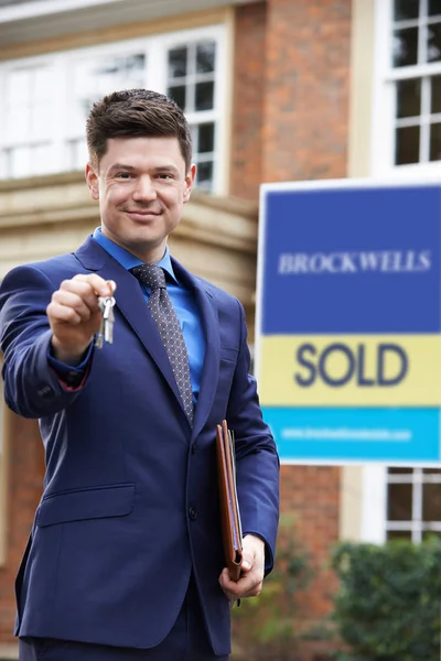 Portrait Male Realtor Standing Residential Property Holding Keys — Stock Photo, Image