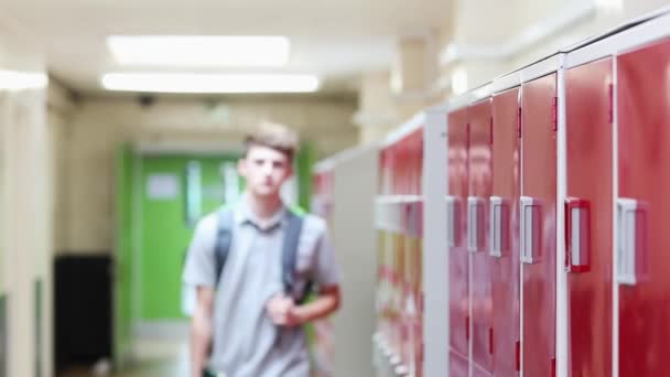 Πορτρέτο Του Μαθητής Γυμνασίου Αρσενικό Περπάτημα Στο Διάδρομο Και Χαμογελά — Αρχείο Βίντεο