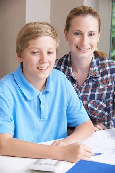 Retrato Tutor Doméstico Feminino Ajudando Menino Com Estudos — Fotografia de Stock