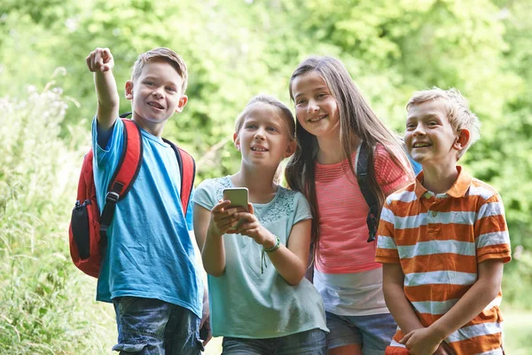 Grupp Barn Geocaching Skogen — Stockfoto