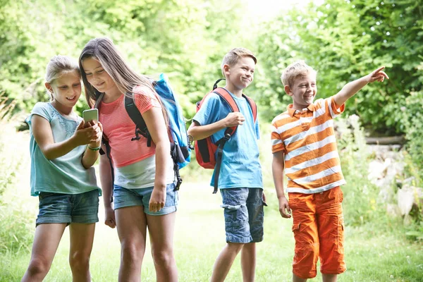 Groupe Enfants Géocachant Dans Les Bois — Photo