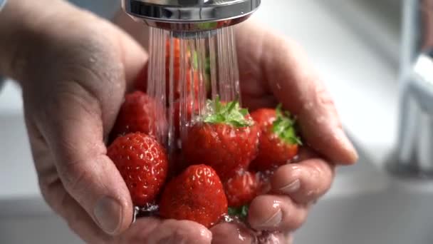 タップの下で新鮮なイチゴを洗うクローズアップ男 — ストック動画