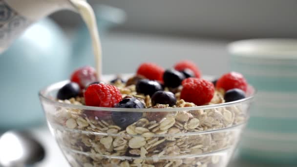 Pouring Milk Jug Bowl Healthy Breakfast Muesli Fresh Blueberries Raspberries — Stock Video