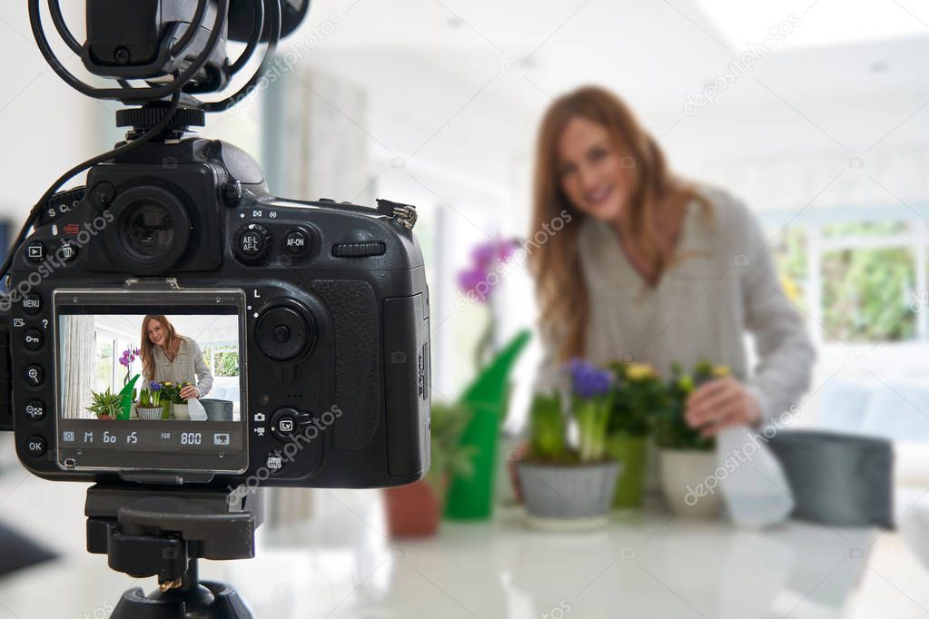Female Vlogger Making Social Media Video About Houseplant Care F