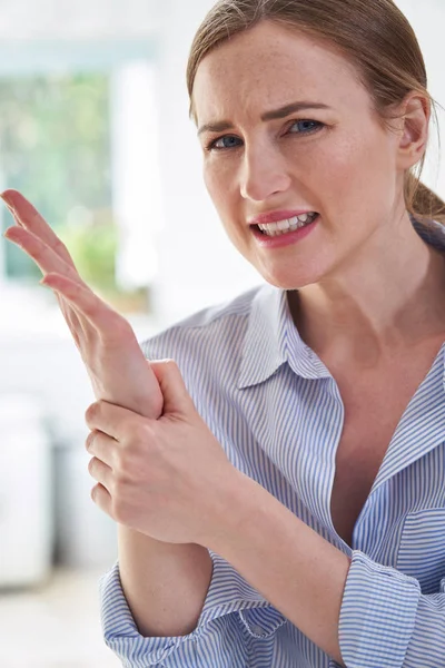 Portrait Of Woman In Pain Holding Wrist Suffering With Repetitiv — Stock Photo, Image