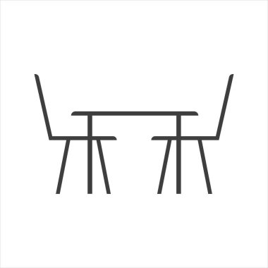 Dinig Odası düz çizgi ikonu. Daire mobilyası tabelası, yemek masası ve sandalyelerin vektör çizimi. İç mağaza için ince doğrusal logo.