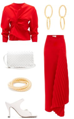 Beyaz bir arka planda modaya uygun kıyafet ve aksesuarlar kolajı.