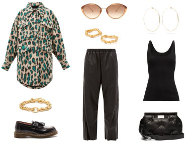 Beyaz bir arka planda modaya uygun kıyafet ve aksesuarlar kolajı.