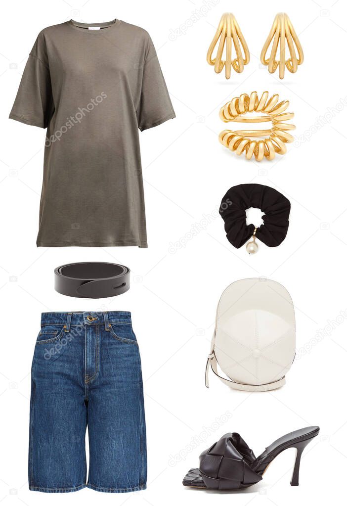 Stylish clothes. Collage of fashionable womens clothing, accessories, shoes and bags on a white background.