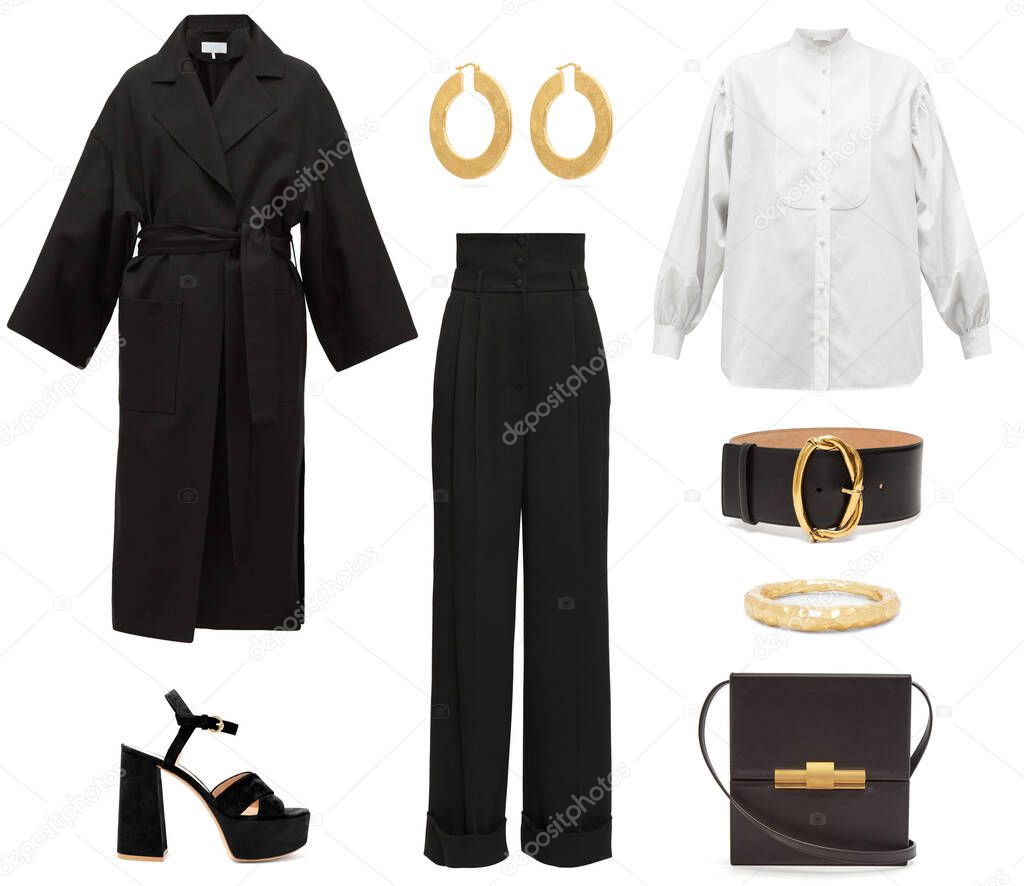 A collage of fashionable clothes and accessories on a white background