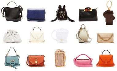 Beyaz arka planda modaya uygun aksesuarlar kolajı.