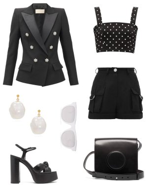 Beyaz arka planda kadın kıyafetleri kolajı