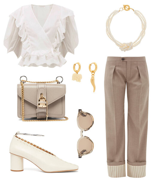 Стильная одежда. Коллаж модной женской одежды, аксессуаров, обуви и сумок на белом фоне.