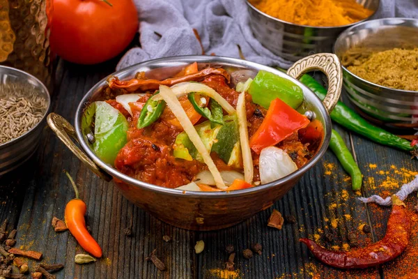 Kadai Kyckling Indian Mat Eller Indian Curry Trä Bakgrund — Stockfoto