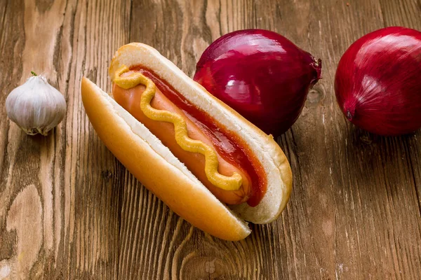 Classic Hot Dog Ketchup Mustard — Stock Photo, Image