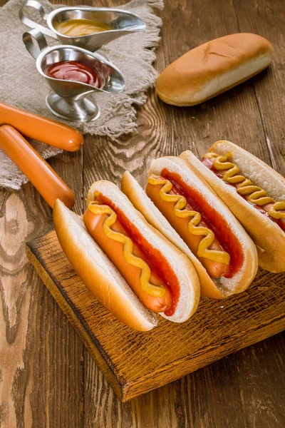 Three Classic Hot Dogs Ketchup Mustard — Stock Photo, Image