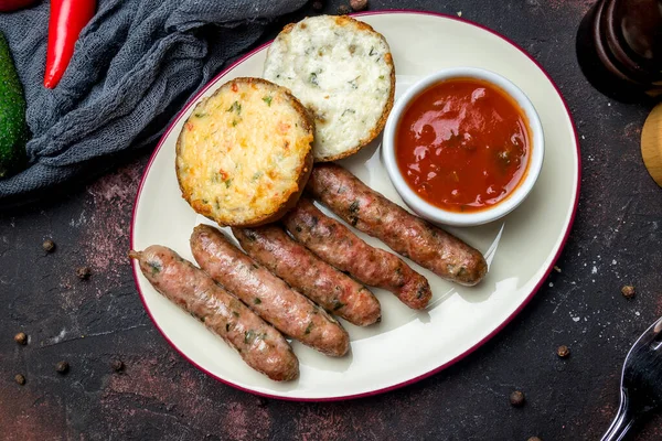 Fried Hunter Sausages Toasts Sauce Plate — Stock Photo, Image