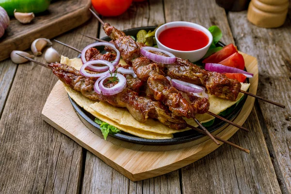 Platter Different Kebabs Wooden Background — Stock Photo, Image