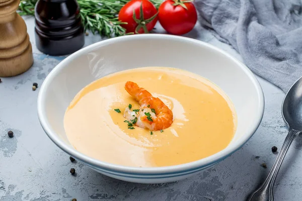 Pumpkin cream soup with shrimp — Stock Image Pumpkin Cream Soup Shrimp Stock Image