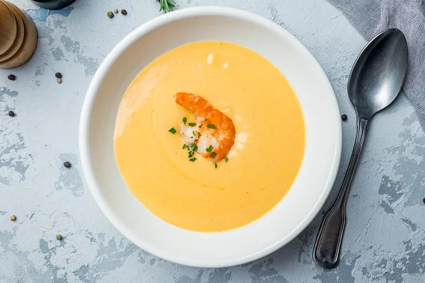 Pumpkin cream soup with shrimp — Stock Image Pumpkin Cream Soup Shrimp Stock Picture