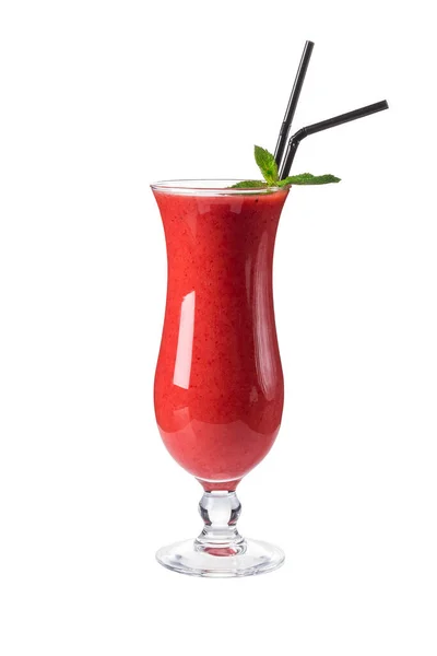 Erdbeer Smoothie Einem Transparenten Glas Auf Weißem Hintergrund — Stockfoto