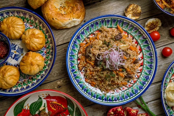 Gerichte Der Usbekischen Küche Lagman Pilaf Manti — Stockfoto