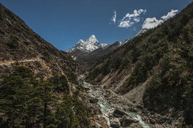 Everest ana kampı yürüyüş yapıyor. Nepal 'deki yüksek dağlar. yüksek rakımlı manzara