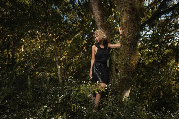  Siyah elbiseli güzel sarışın ormanda bir ağacın yanında duruyor.