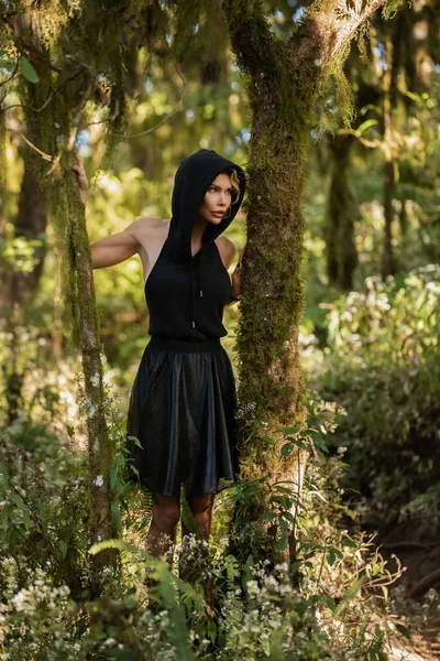  Düşüncelere dalmış genç kız sarışın, siyah elbiseli, bir ağacın yanında duran kapüşonlu.