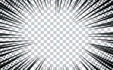 Şeffaf arkaplanda çizgi roman radyal çizgileri. Manga hız çerçeveleri, süper kahraman hareketi. Siyah ve beyaz vektör gösterimi