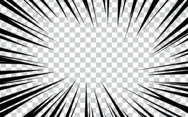 Şeffaf arkaplanda çizgi roman radyal çizgileri. Manga hız çerçeveleri, süper kahraman hareketi. Siyah ve beyaz vektör gösterimi