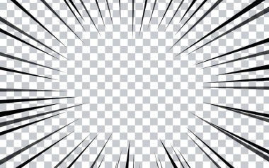 Şeffaf arkaplanda çizgi roman radyal çizgileri. Manga hız çerçeveleri, süper kahraman hareketi. Siyah ve beyaz vektör gösterimi