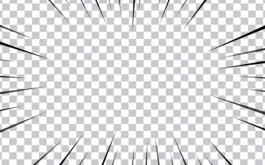 Şeffaf arkaplanda çizgi roman radyal çizgileri. Manga hız çerçeveleri, süper kahraman hareketi. Siyah ve beyaz vektör gösterimi